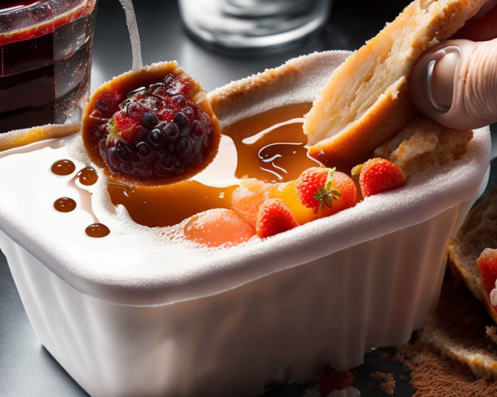 Hand dipping ladyfinger cookie into caramel sauce with berries