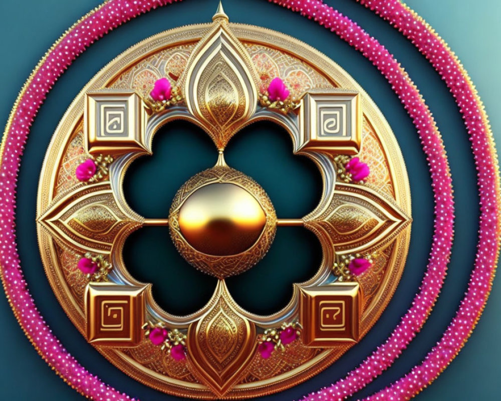 Intricate Golden Mandala with Pink Gemstones on Teal Background