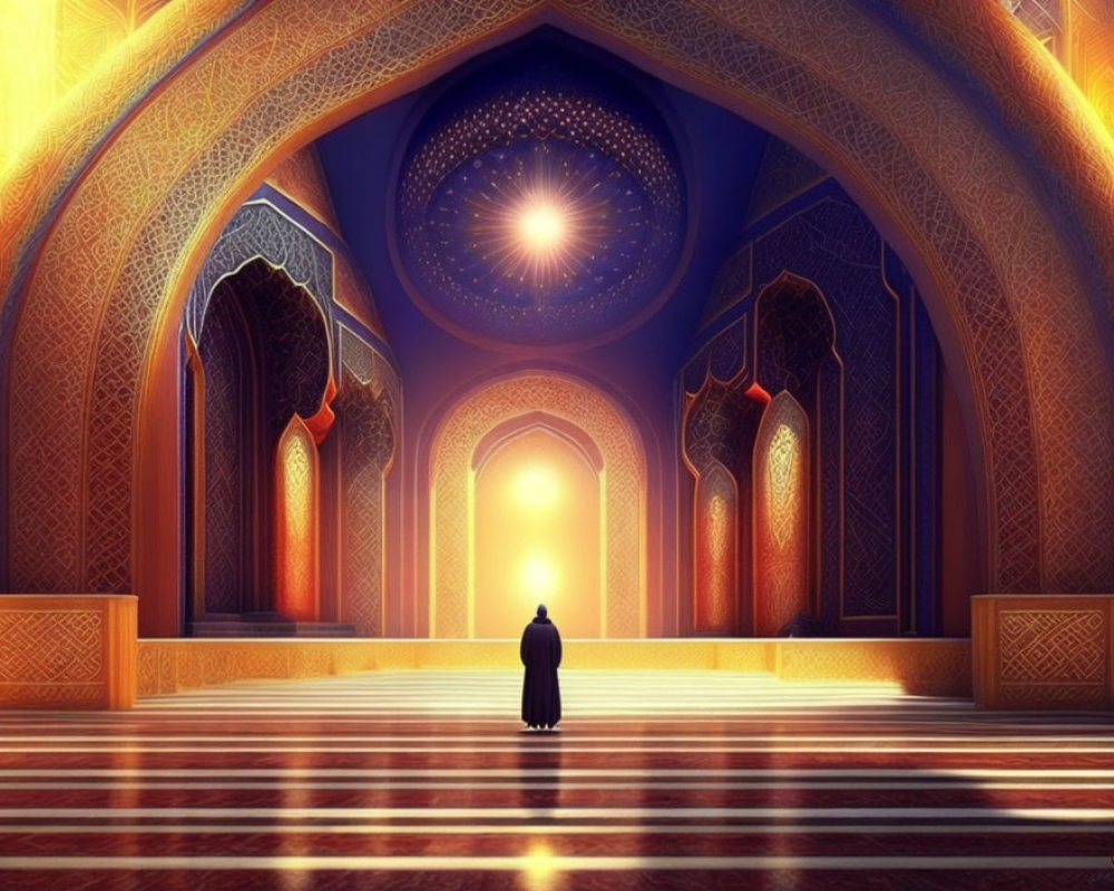 Person standing in ornate mosque interior with warm light and intricate dome
