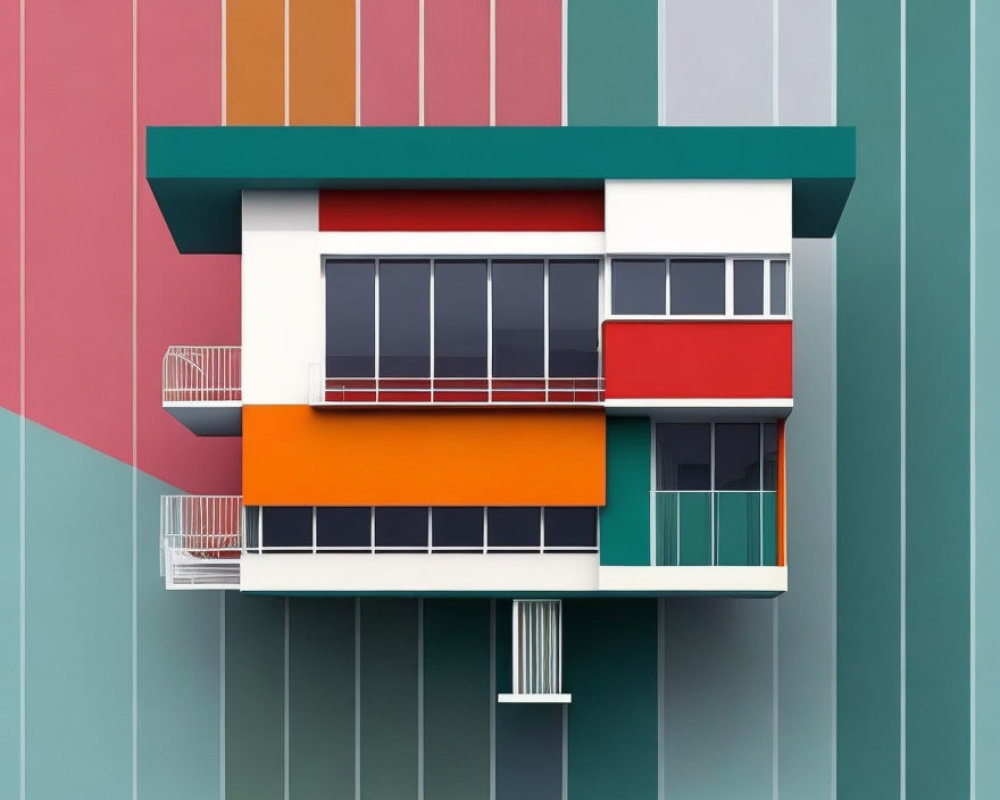 Colorful Geometric Building Facade with Red, Orange, and White Balconies