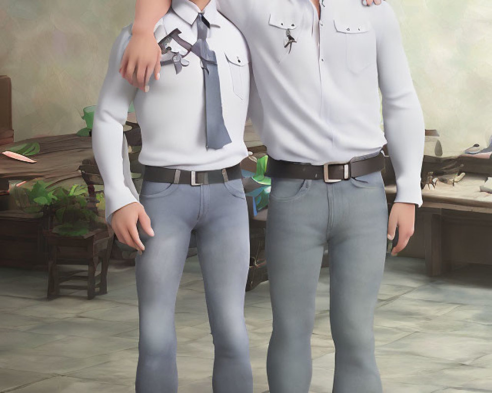 Two male animated characters in white shirts and grey pants smiling in a room