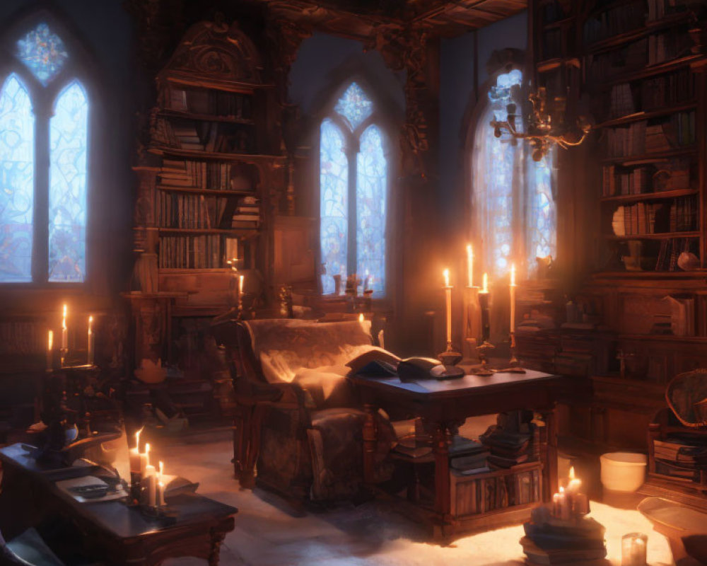 Medieval library with candles, open book, stained-glass windows