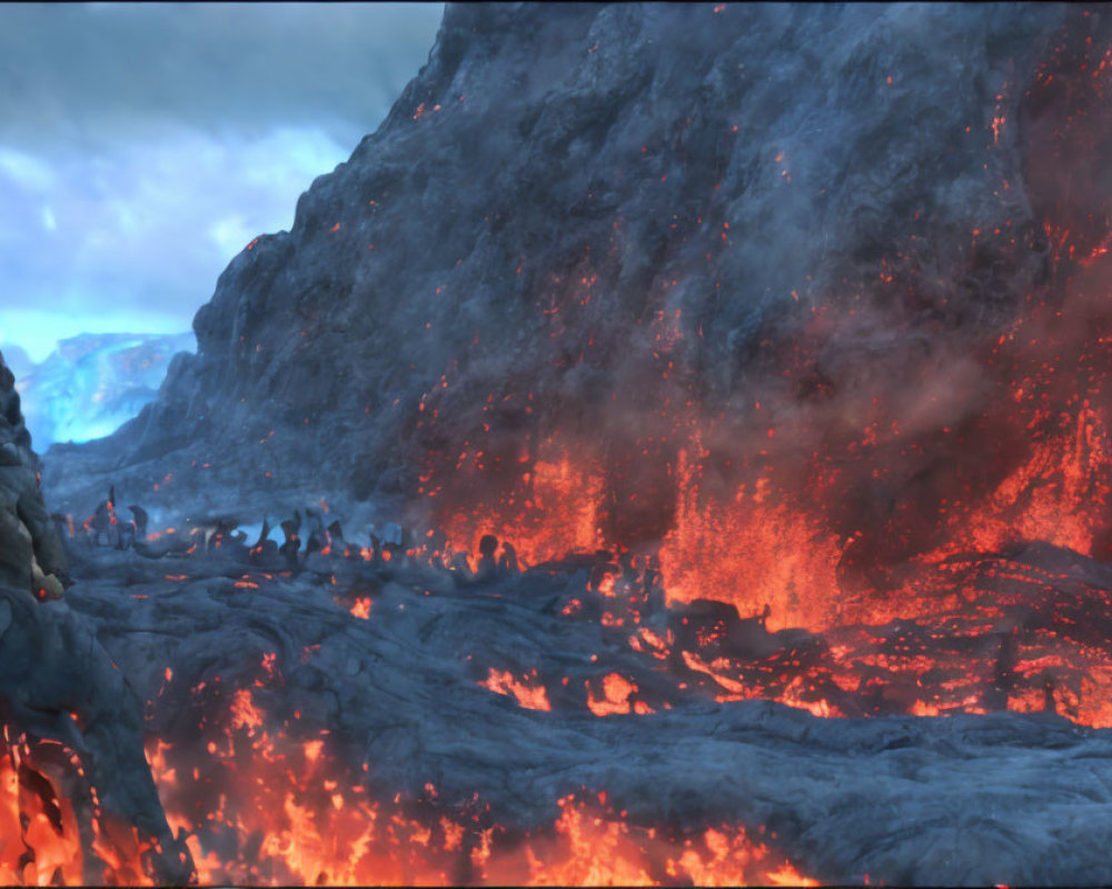 Fiery lava flows from rugged mountain in twilight scene