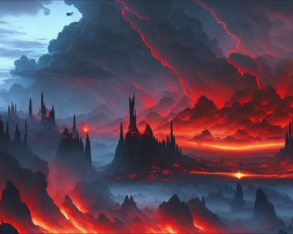 Dystopian landscape with dark clouds and red skies