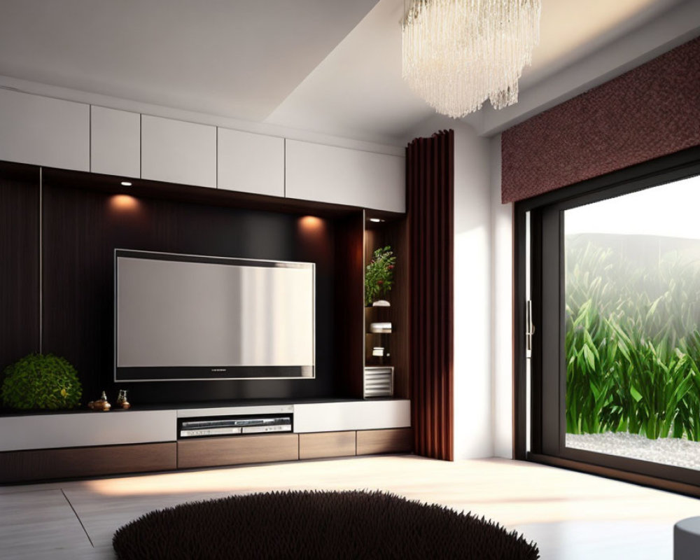 Spacious living room with large flat-screen TV, dark wooden wall unit, plush round rug, and