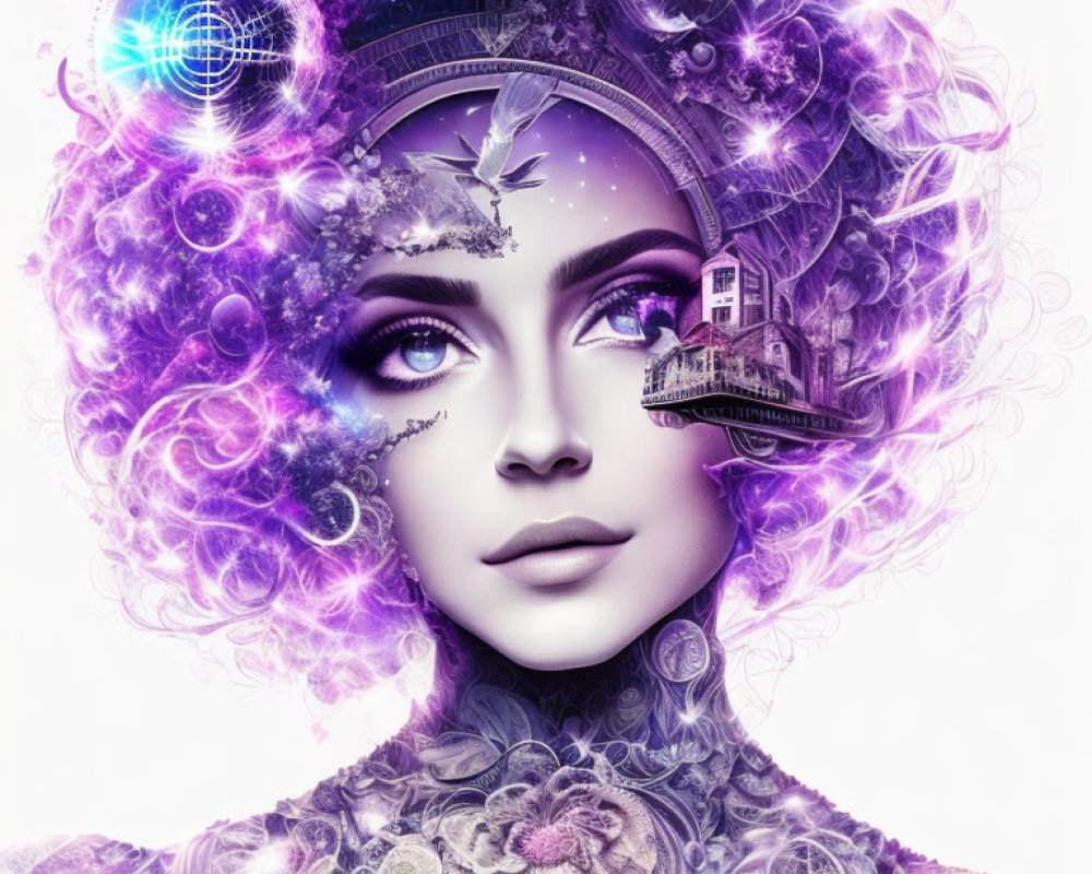 Surreal portrait of a woman with violet cosmic-themed hair and symbolic elements