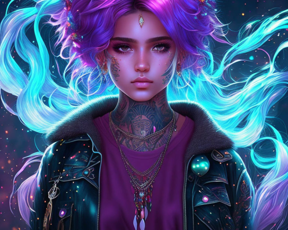 Vibrant purple hair woman with glowing blue strands and jeweled accessories