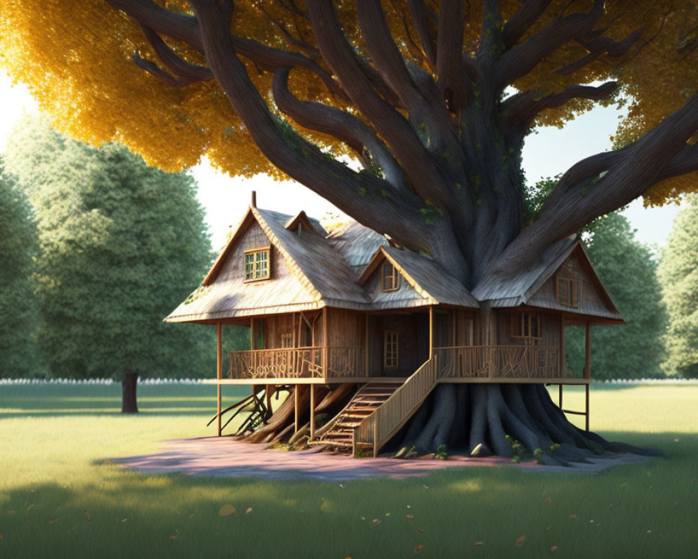 Illustration of large treehouse in ancient tree amid serene glade