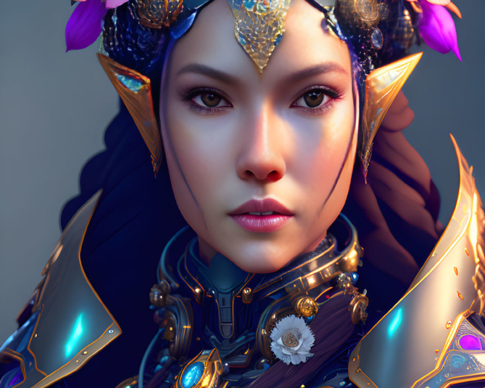 Digital art portrait of a woman in ornate fantasy helmet with gold and gemstones, surrounded by purple