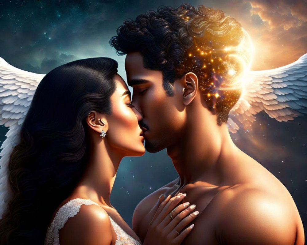 Romantic digital artwork: couple with angel wings in cosmic setting