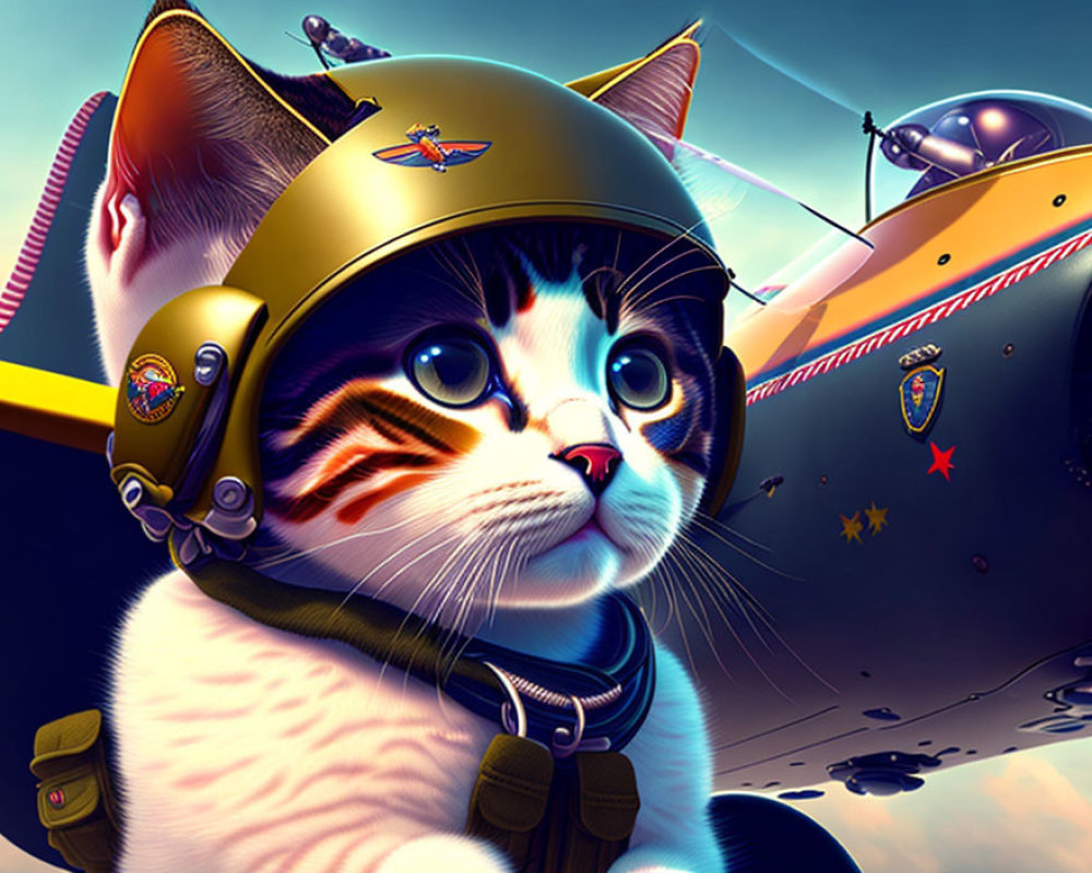 Cat Pilot Illustration with Aircraft and Blue Skies