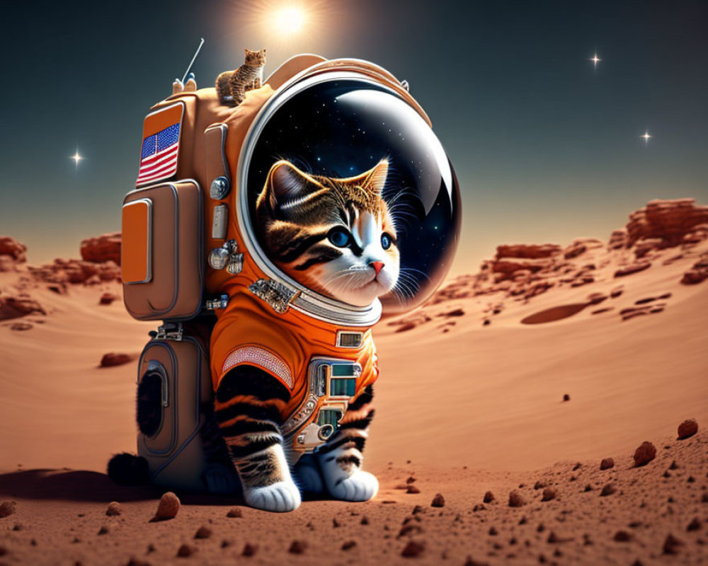 Cat in astronaut suit with Earth reflection, on Martian landscape.