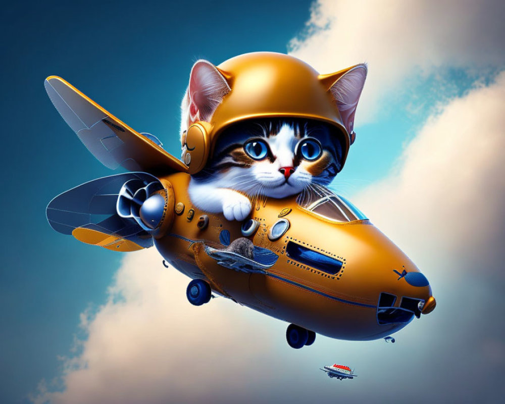 Anthropomorphic kitten flying a yellow airplane in digital art