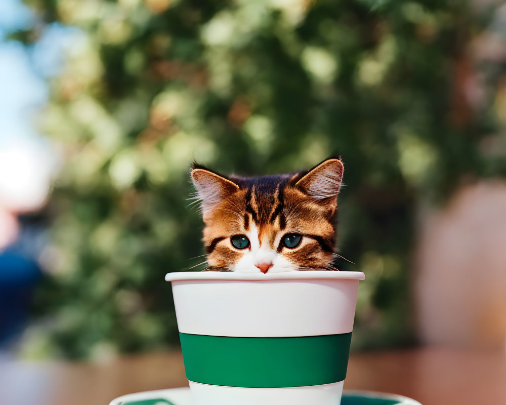 Cat peeking from coffee cup on saucer with greenery background