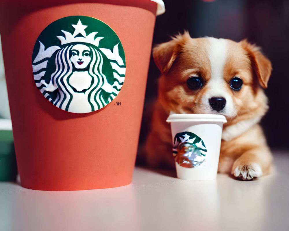 Brown and white puppy with Starbucks cups in cute photo