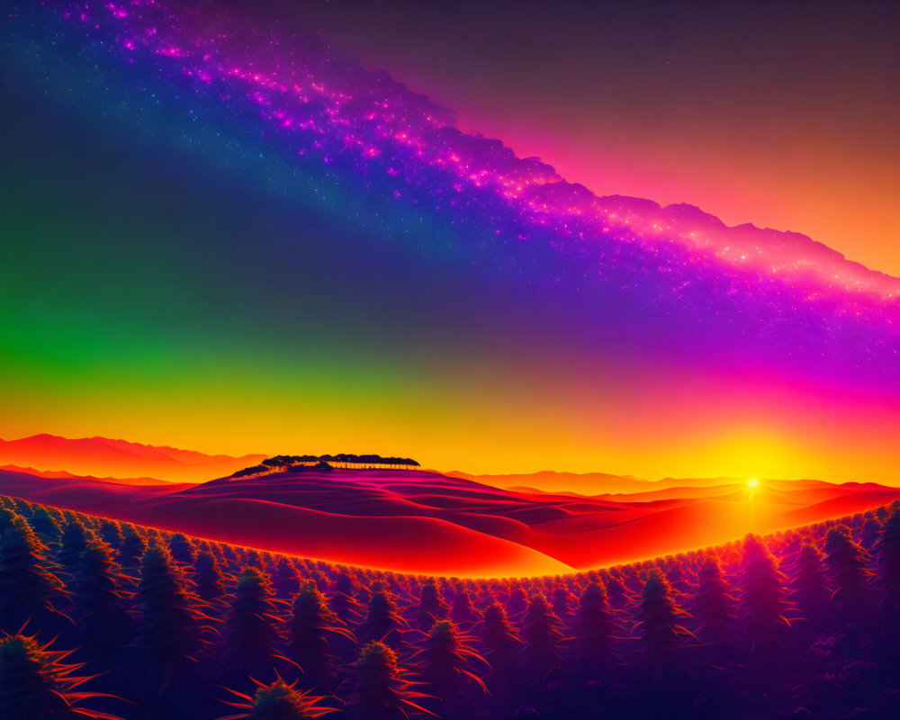 Vibrant digital landscape: Sunset hues, starry sky, neon-lit field
