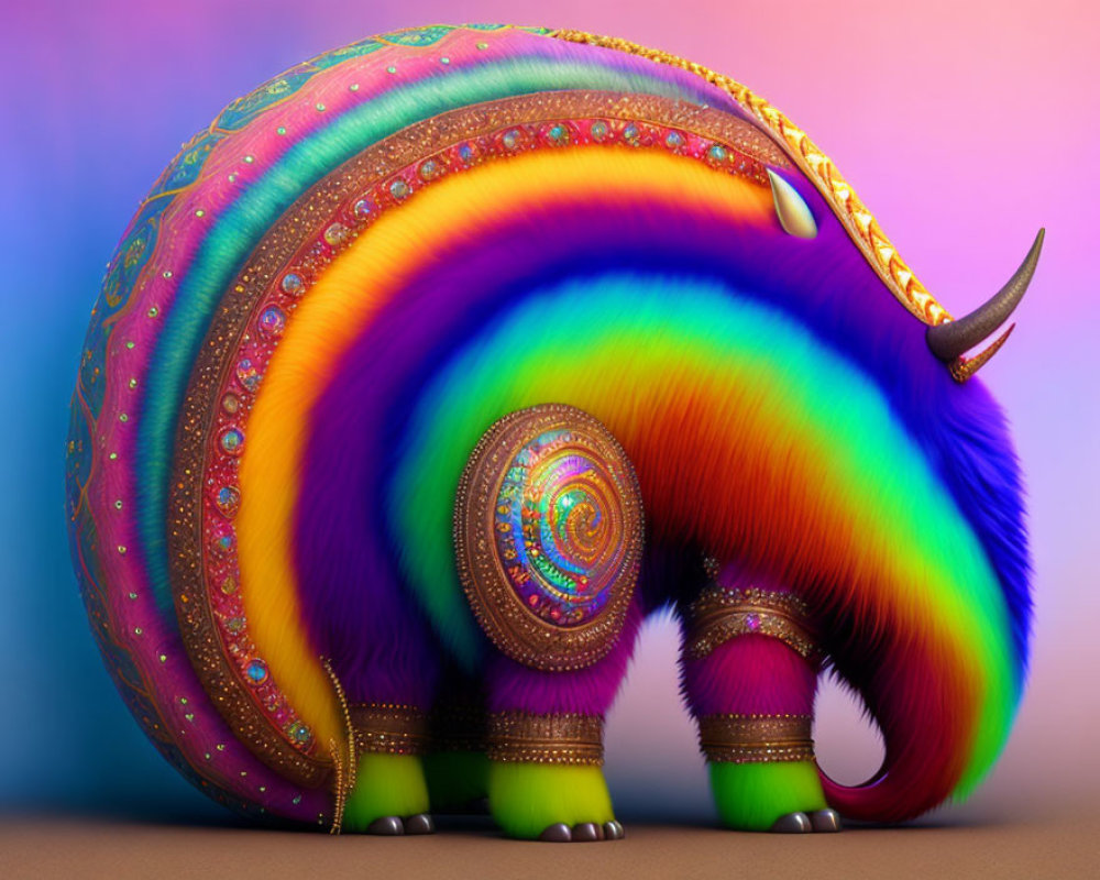 Colorful Fantasy Creature with Wooly Body and Spiraling Horns