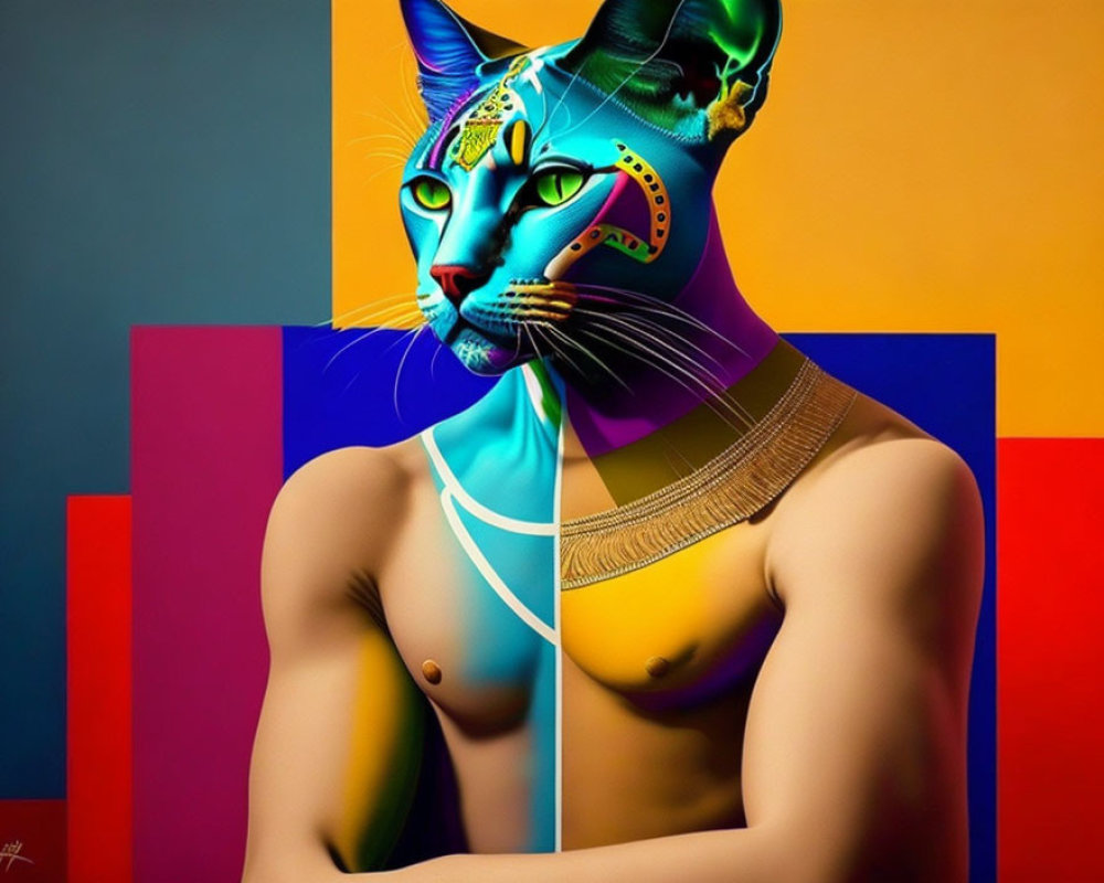 Colorful digital artwork: human figure with cat head, gold jewelry, geometric backdrop