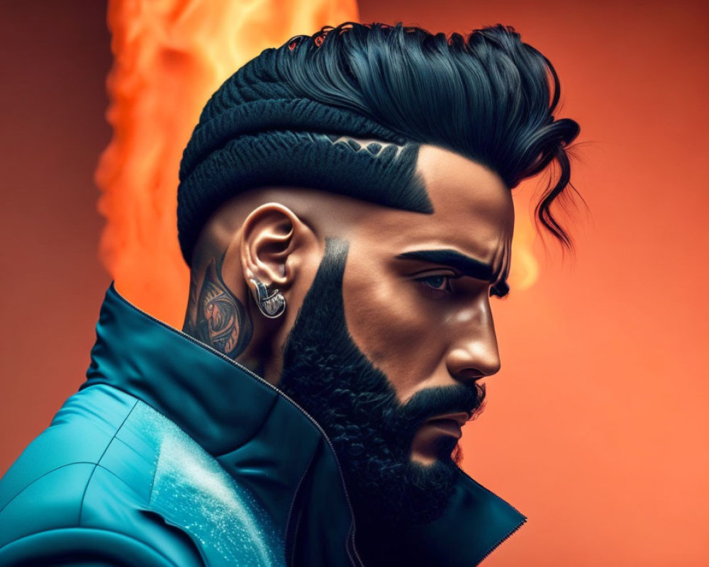 Man with Sculpted Beard and Teal Jacket on Orange Background