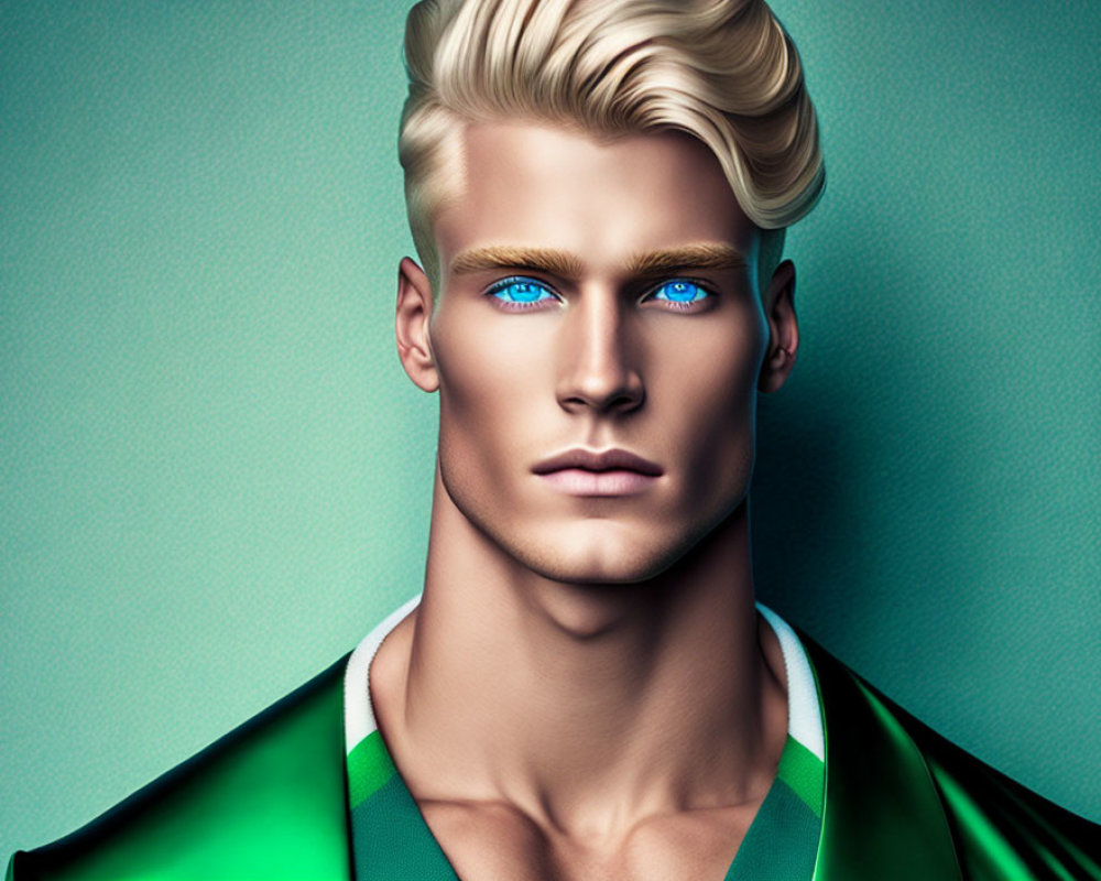 Man with Striking Blue Eyes and Blond Hair in Green Jacket Illustration