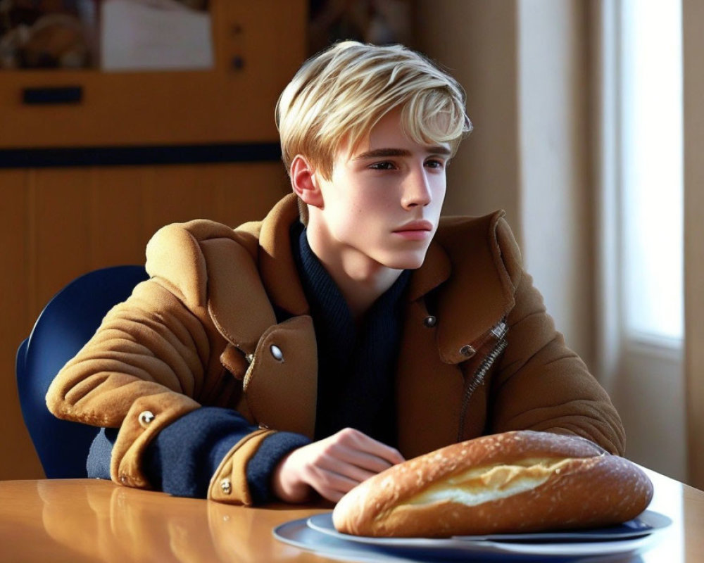 Blond young man in brown coat with bread on blue plate in sunny room