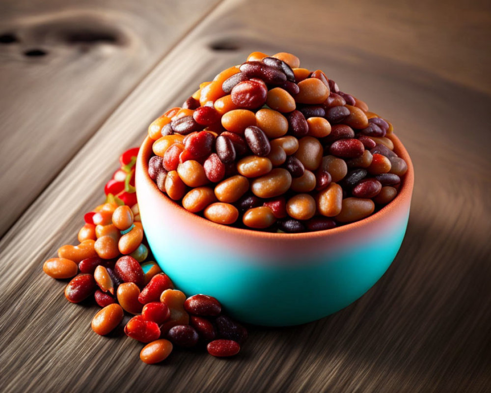 Colorful Jelly Beans on Wooden Surface with Scattered Candies
