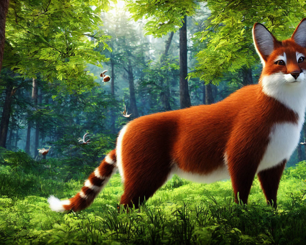 Stylized animated red fox in lush forest with vibrant green foliage