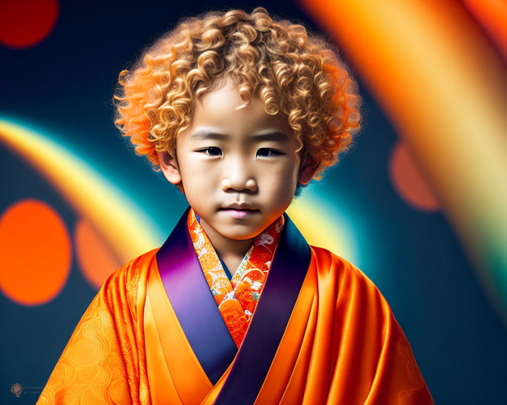 Curly-Haired Child in Orange Kimono with Purple Sash and Bokeh Lights