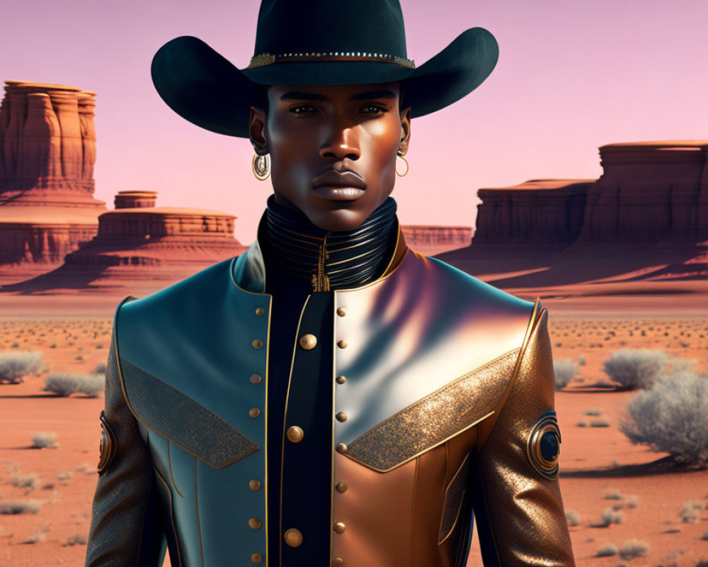 Stylish person in cowboy hat and metallic jacket in desert setting
