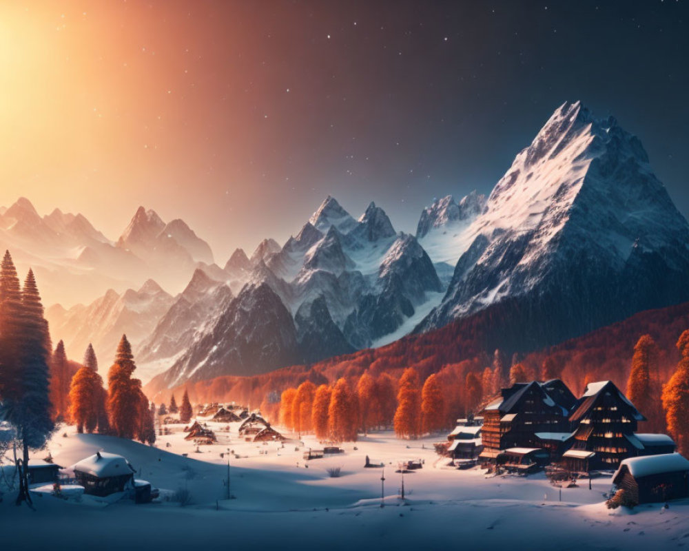 Snow-covered village nestled in serene winter landscape