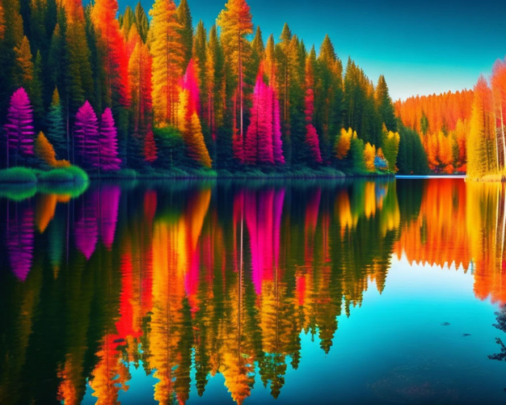 Colorful autumn trees reflecting in tranquil lake with orange, yellow, pink, and blue hues.