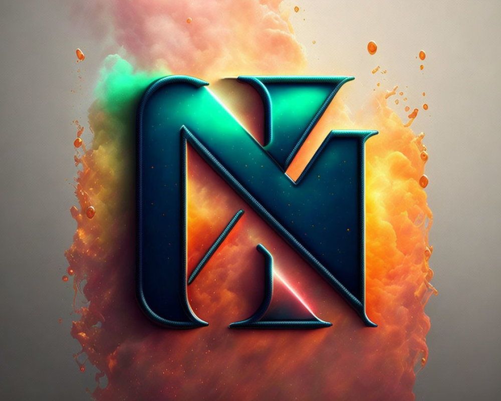Metallic and glossy "N" letter on fiery cloud backdrop with paint splatter