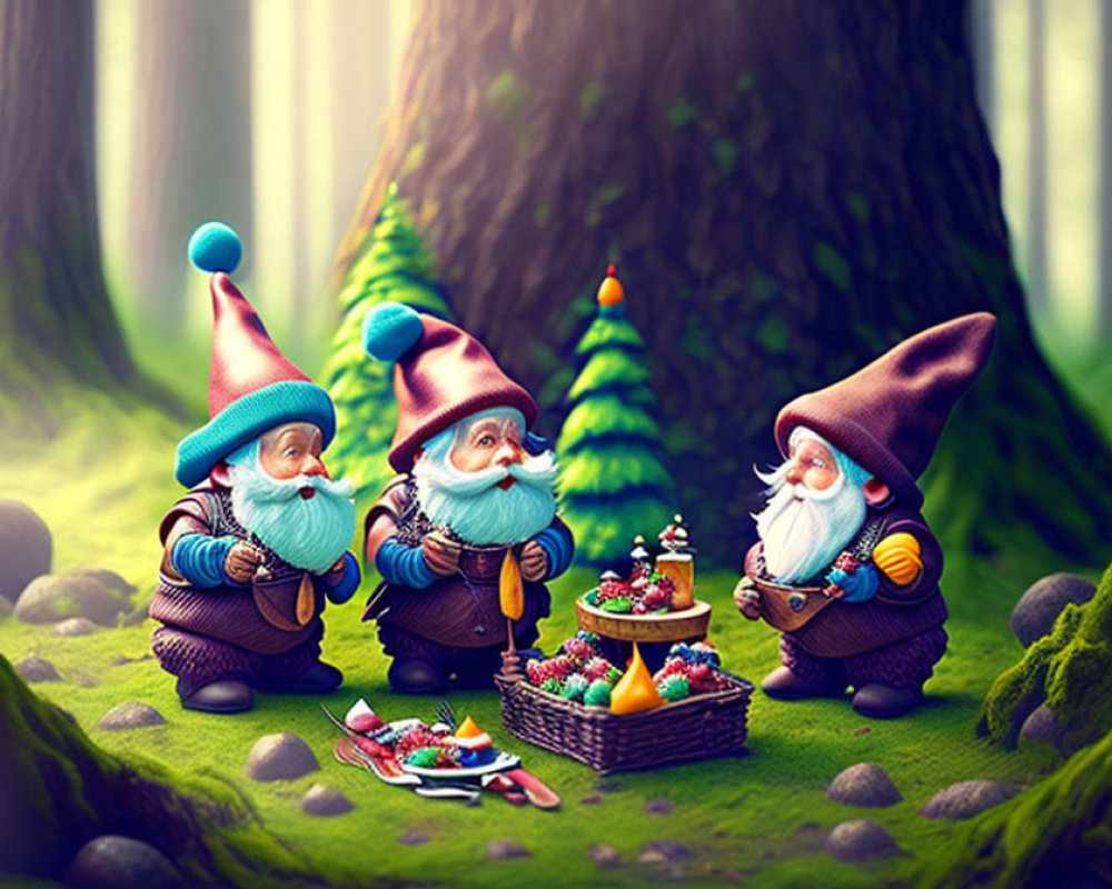 Colorful garden gnomes with sweets and fruits near tree in mossy forest