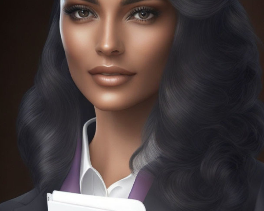 Detailed digital portrait of a woman with long wavy hair, brown eyes, and a book.