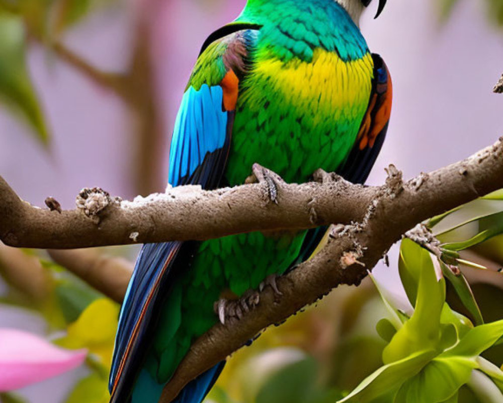 Colorful Macaw Perched on Branch Among Pink Flowers