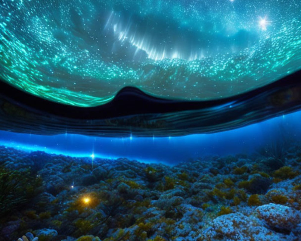 Split View: Starry Night Sky with Aurora & Underwater Coral Scene