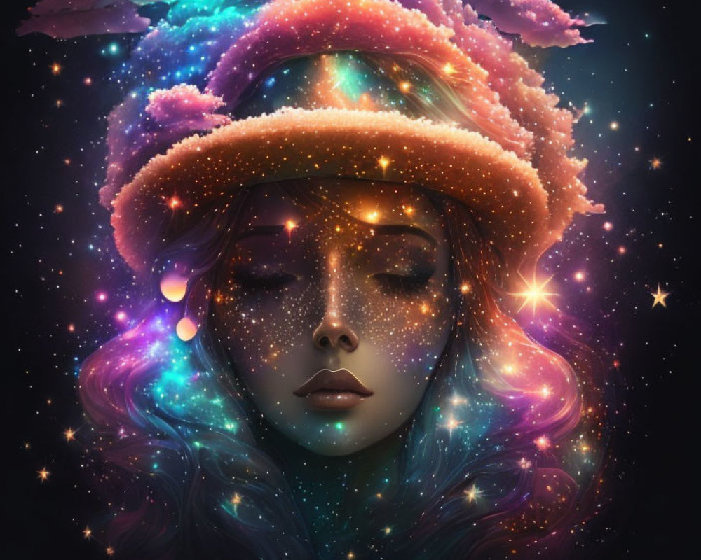 Cosmic clouds and stars frame serene woman with galaxy hat