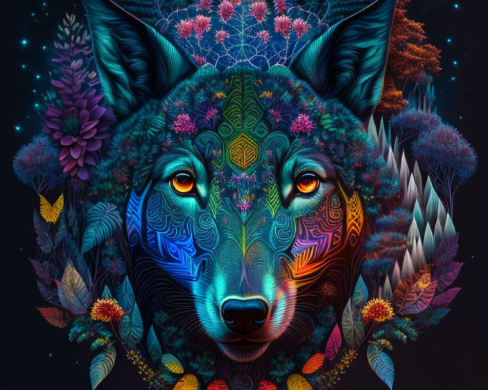 Symmetrical floral wolf illustration with cosmic design