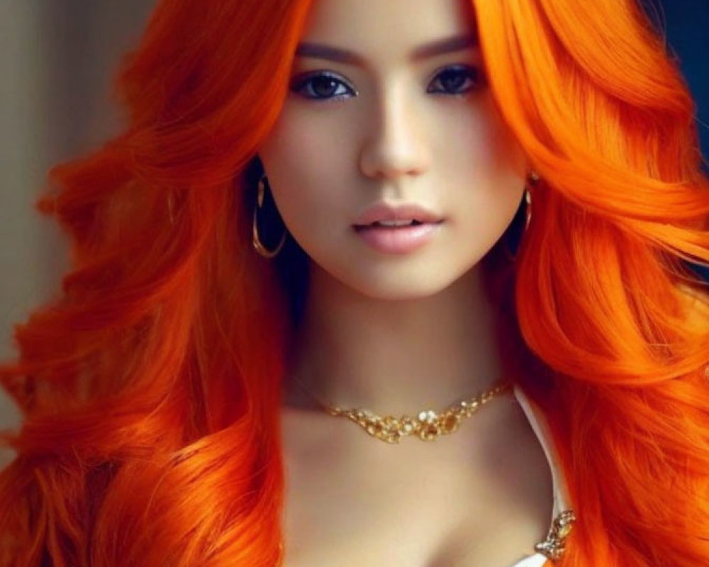 Vibrant orange hair woman in white outfit with gold accessories