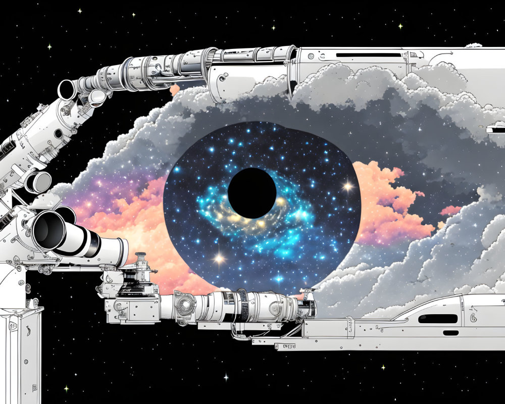Surreal illustration of robotic arm in cosmic scene with wormhole
