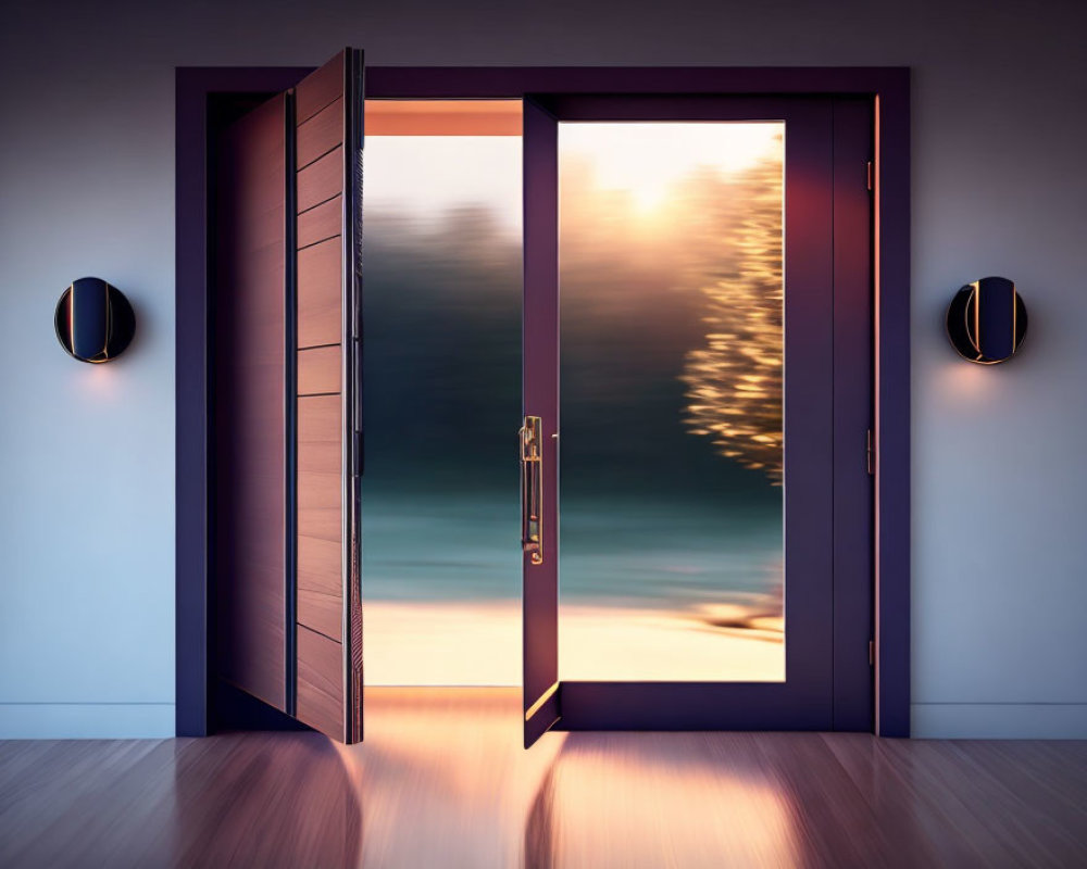 Blurred natural landscape view through open doorway at sunset.