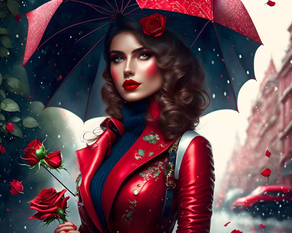Woman with Rose-Themed Umbrella in Snowy Setting