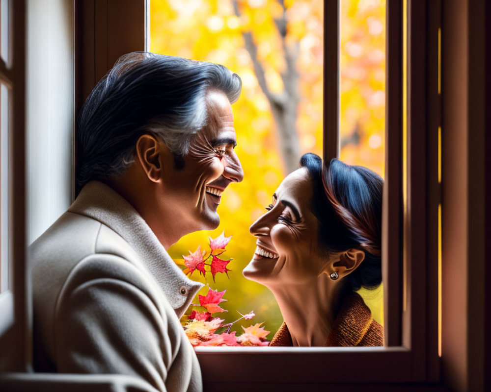 Happy older couple in warm clothing by window with autumn leaves.