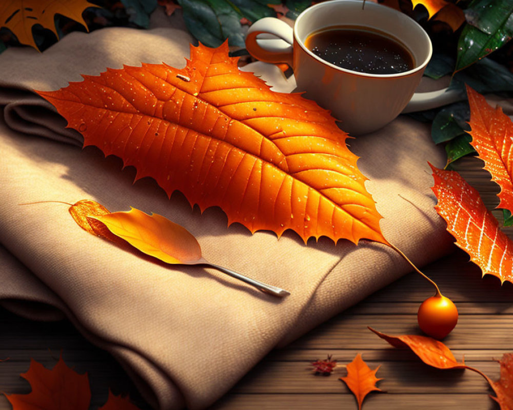 Autumn-themed cozy coffee scene with beige sweater and fallen leaves