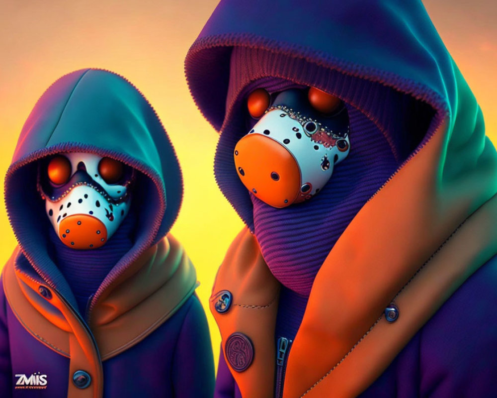 Stylized futuristic characters in hoodies with vibrant masks on orange backdrop