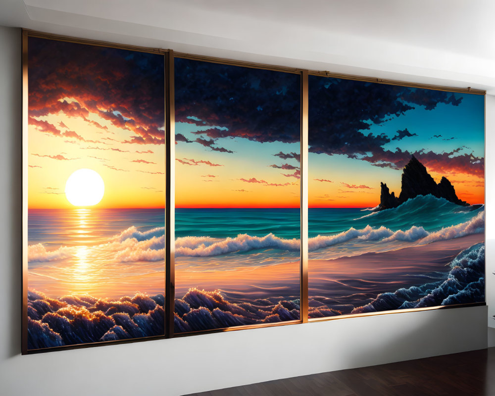 Colorful sunset mural with large sun over ocean horizon.