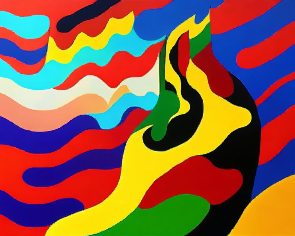 Vibrant Abstract Wavy Pattern in Red, Blue, Yellow & Black
