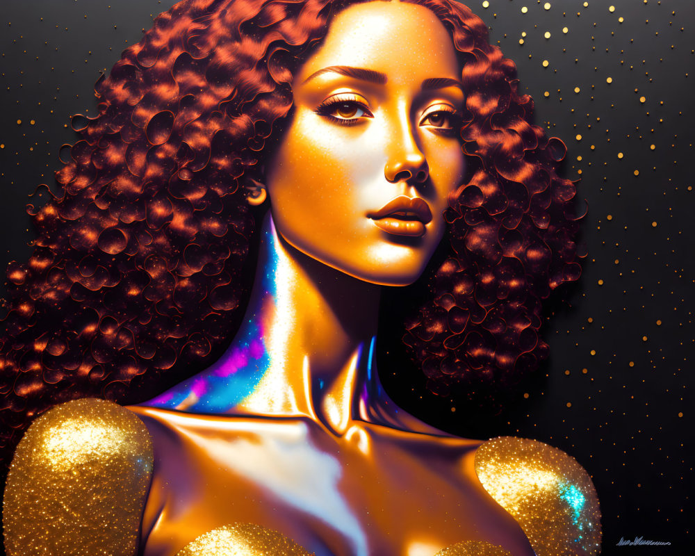 Curly-haired woman with iridescent skin on dark background: futuristic fantasy art