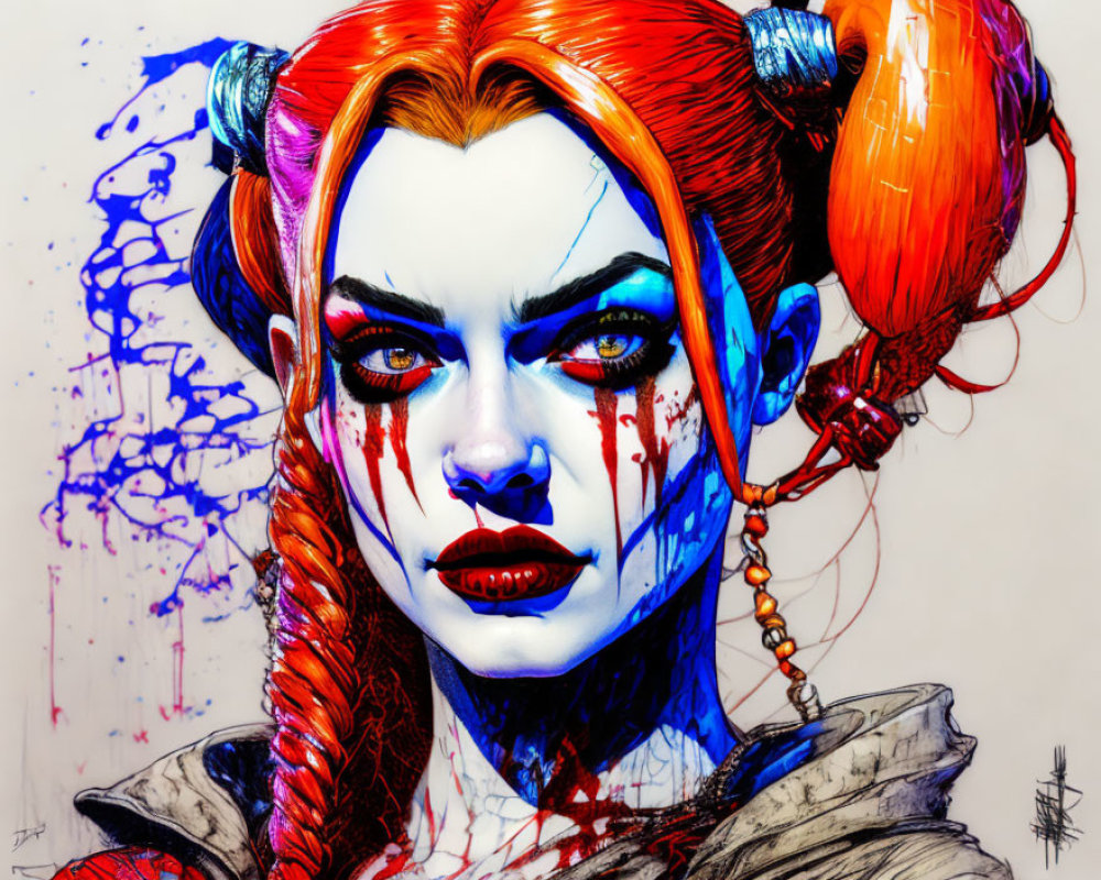 Female character with red and blue face makeup, blood-like streaks, and red hair buns