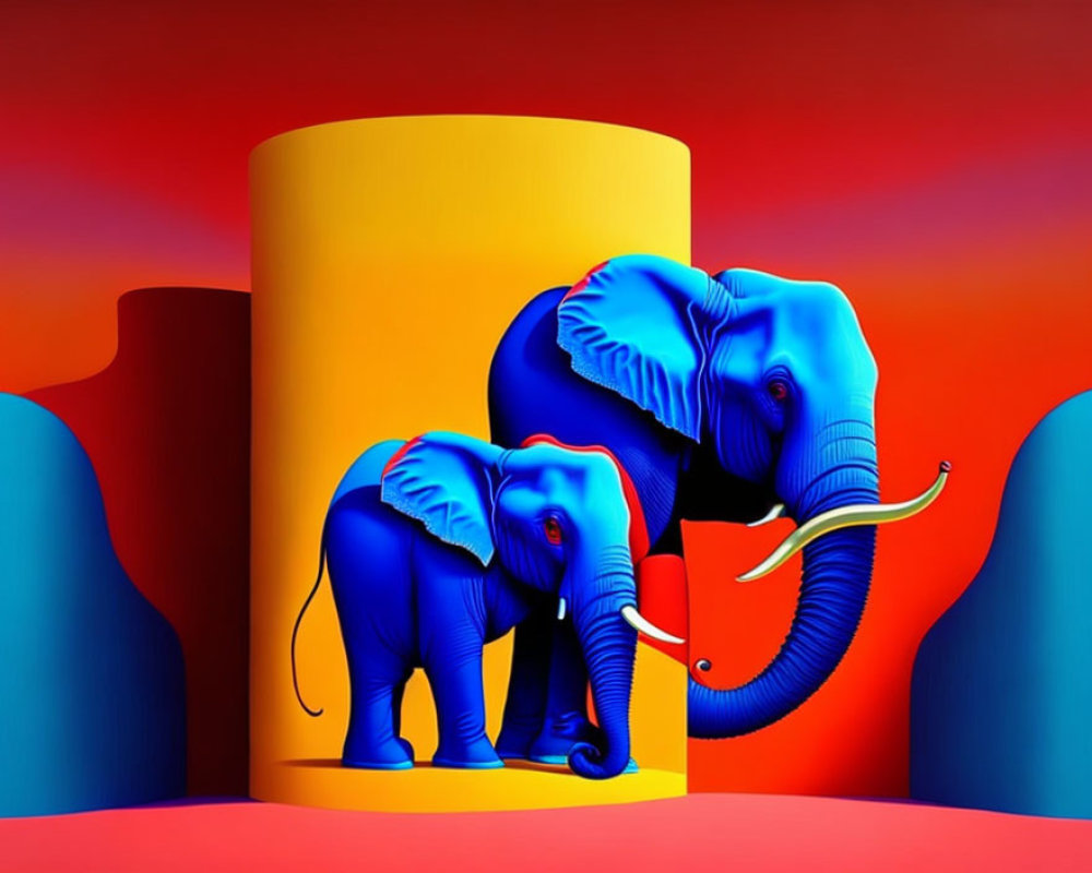 Vibrant blue elephants with yellow cylinder on red and blue background